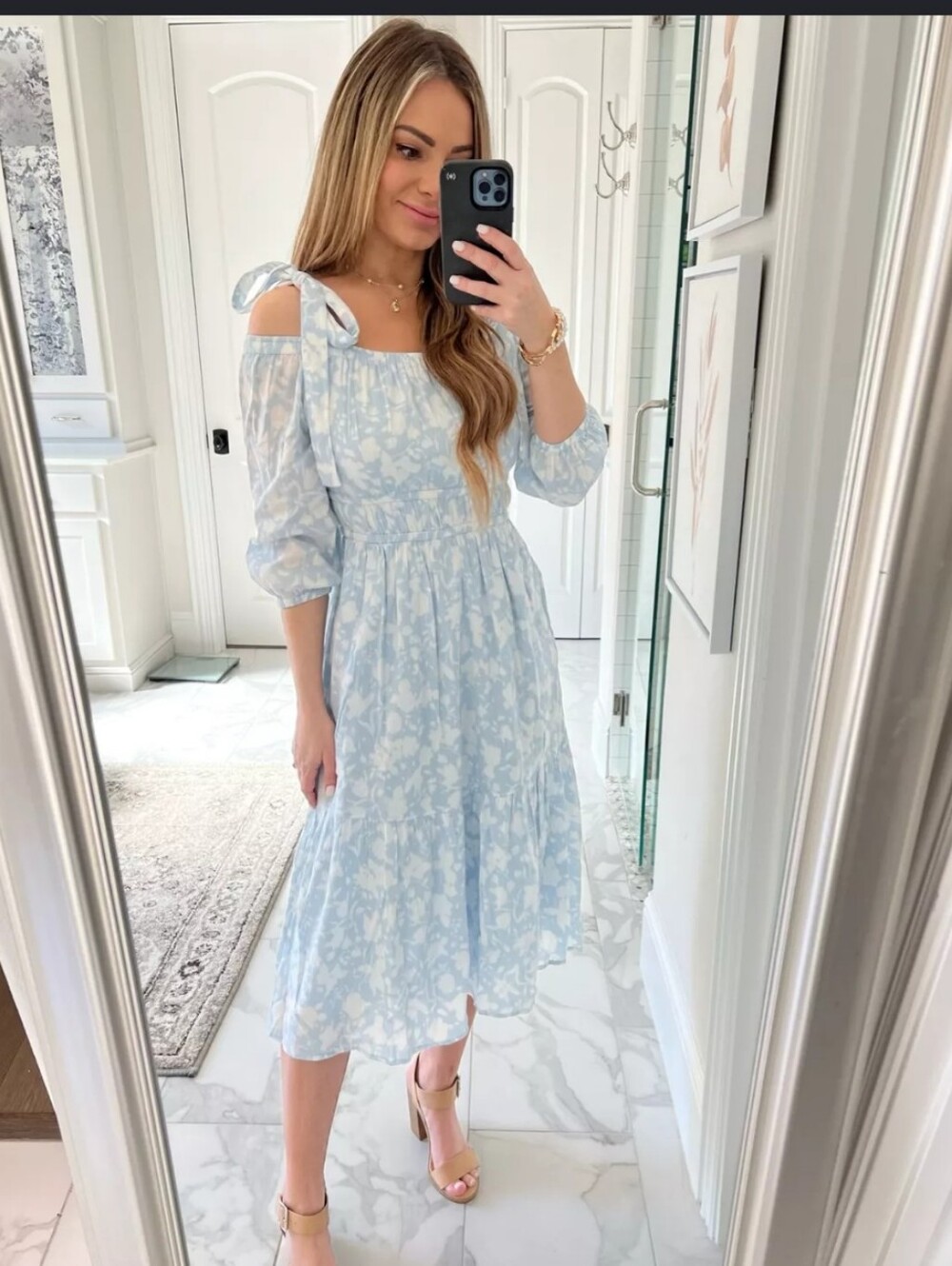 Free Assembly Dress Size L Baby Blue Floral Midi Ties At Sleeves Cotton Pockets